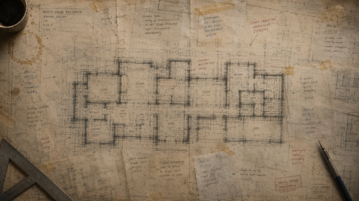 A worn architectural blueprint covered in revision notes, representing the layered decisions that shape a codebase over time.