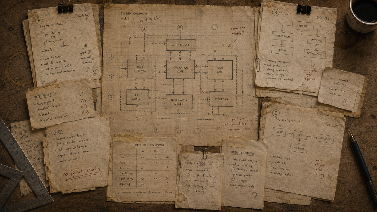 A desk covered with system diagrams, integration notes, dependency assessments, and competing software options.